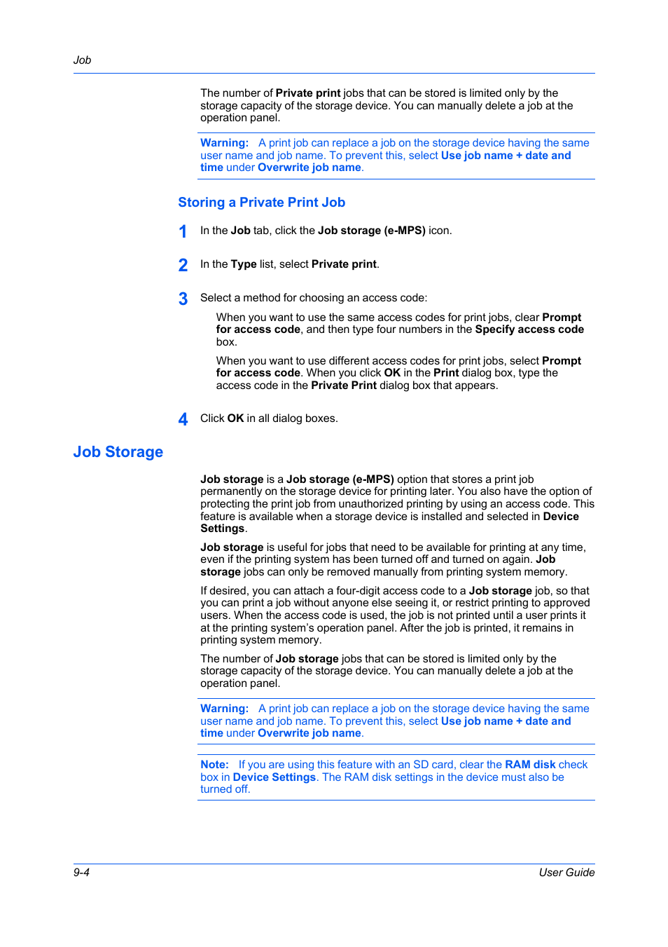 Storing a private print job, Job storage, Storing a private print job -4 | Job storage -4 | Kyocera Ecosys m2040dn User Manual | Page 78 / 93