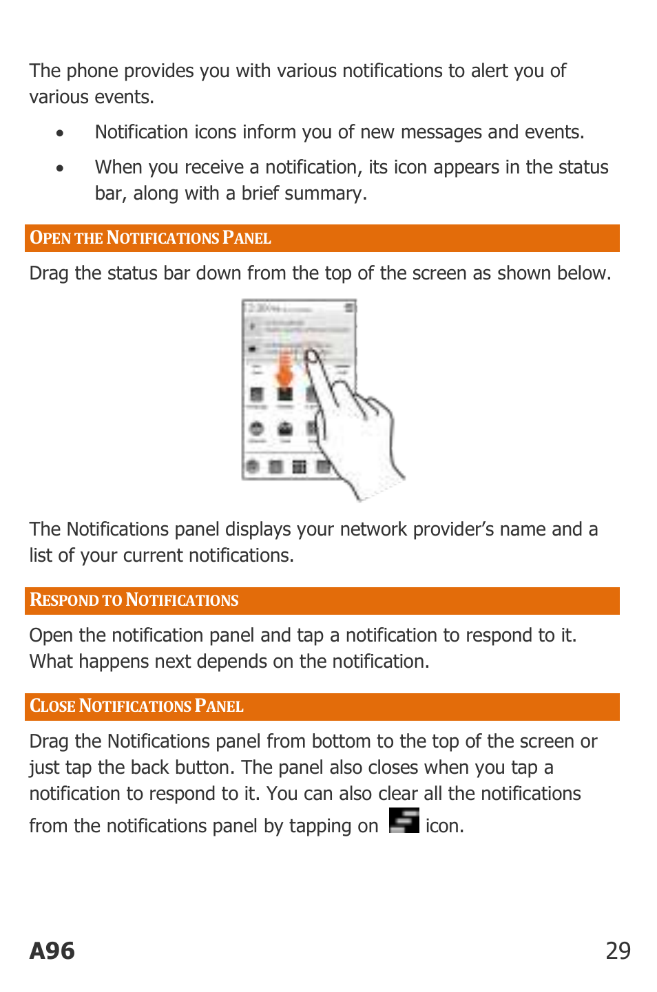 Pen the, Otifications, Anel | Espond to, Lose, A96 29 | Micromax Canvas Power User Manual | Page 29 / 56