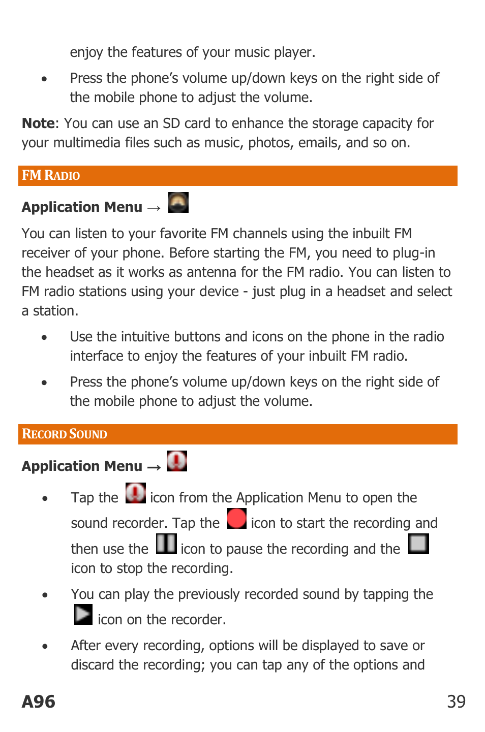 Adio, Ecord, Ound | A96 39 | Micromax Canvas Power User Manual | Page 39 / 56