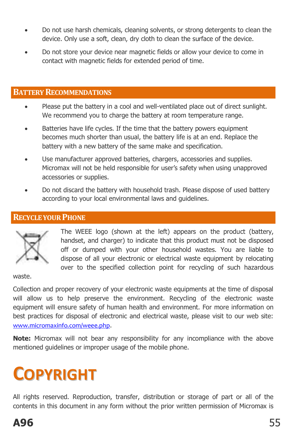 Attery, Ecommendations, Ecycle your | Hone, Opyright | Micromax Canvas Power User Manual | Page 55 / 56