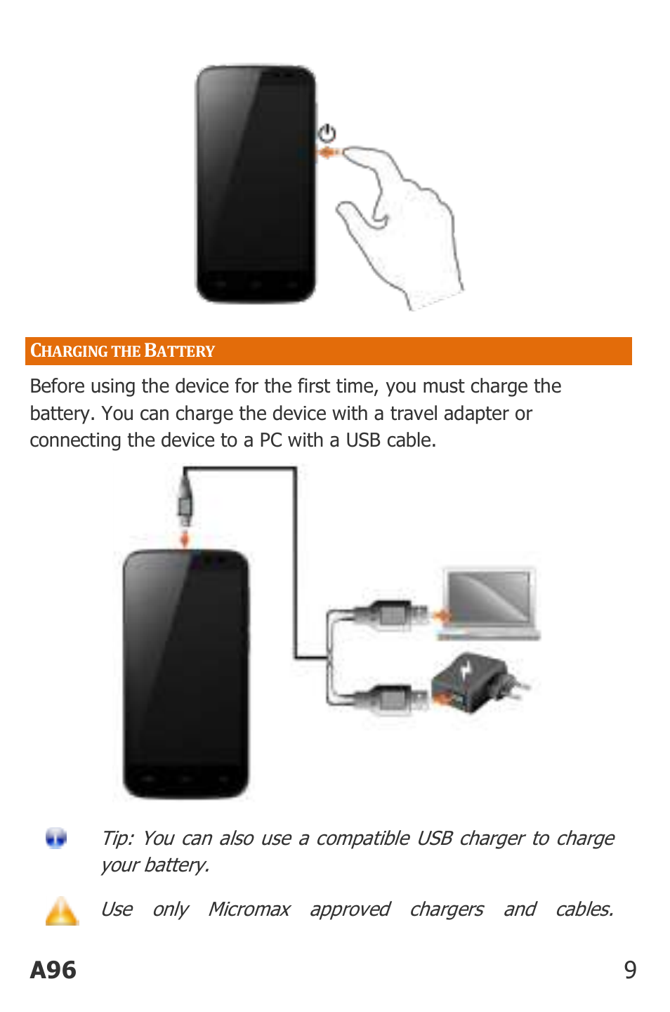 Harging the, Attery, A96 9 | Micromax Canvas Power User Manual | Page 9 / 56