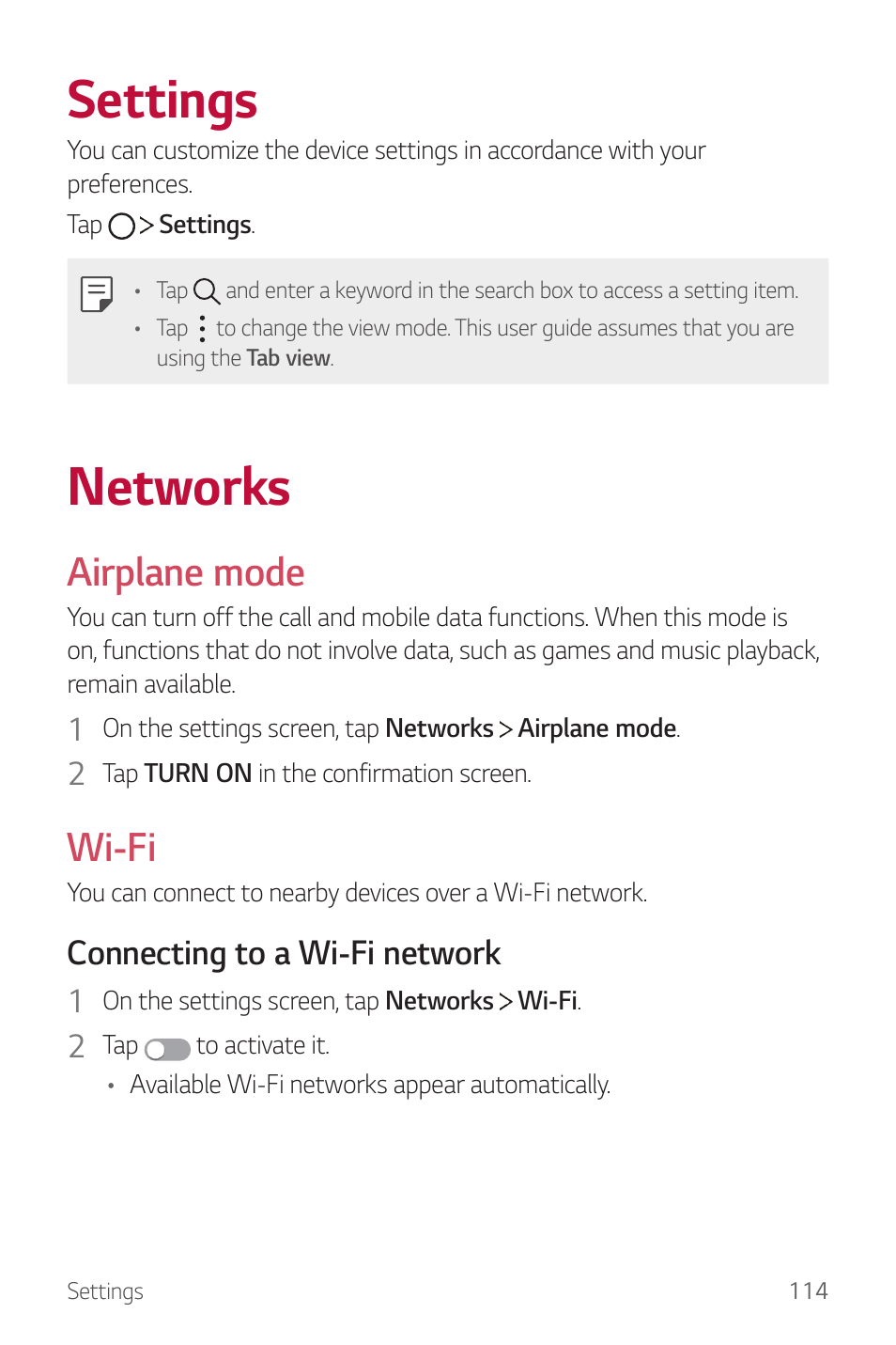 Settings, Networks, Airplane mode | Wi-fi, Connecting to a wi-fi network | LG G6 H872 User Manual | Page 115 / 183