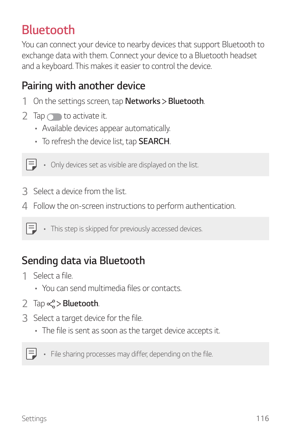 Bluetooth, Pairing with another device, Sending data via bluetooth | LG G6 H872 User Manual | Page 117 / 183