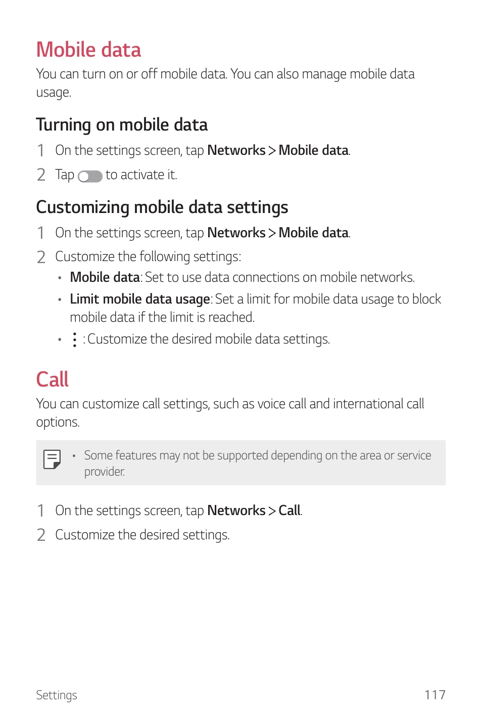 Mobile data, Call, Turning on mobile data | Customizing mobile data settings | LG G6 H872 User Manual | Page 118 / 183