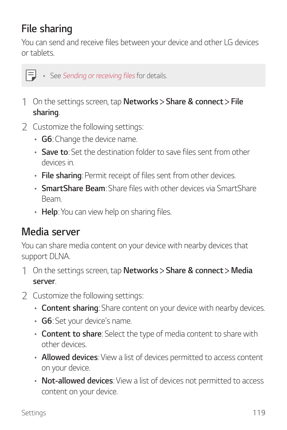 File sharing, Media server | LG G6 H872 User Manual | Page 120 / 183