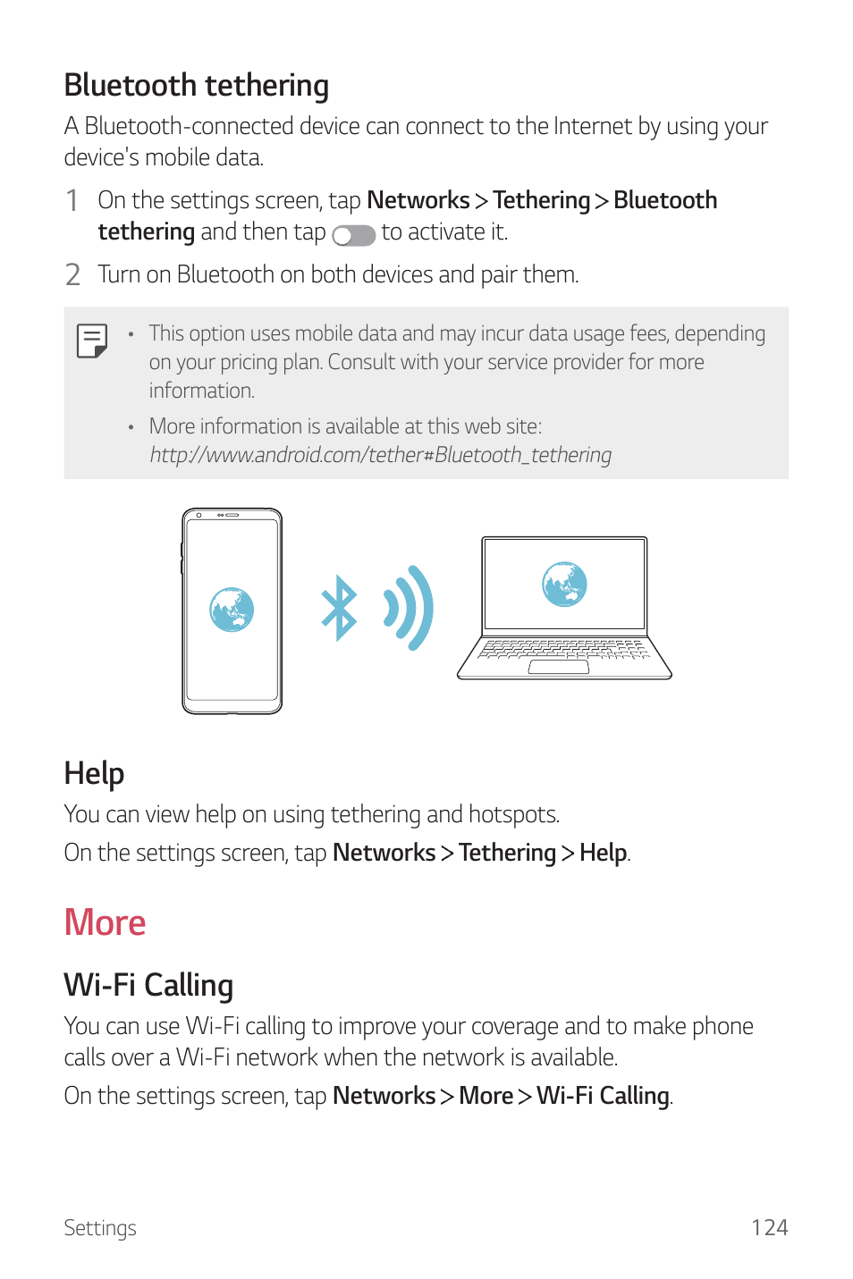 More, Bluetooth tethering, Help | Wi-fi calling | LG G6 H872 User Manual | Page 125 / 183
