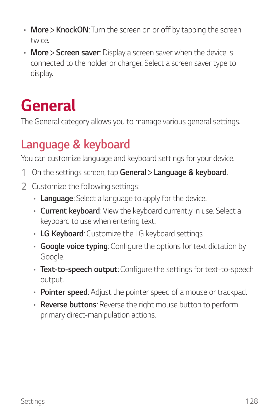 General, Language & keyboard | LG G6 H872 User Manual | Page 129 / 183