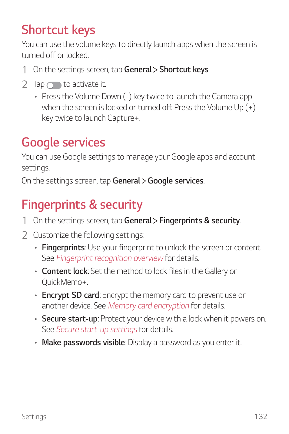 Shortcut keys, Google services, Fingerprints & security | LG G6 H872 User Manual | Page 133 / 183