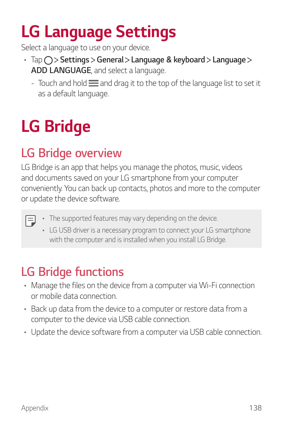 Lg language settings, Lg bridge, Lg bridge overview | Lg bridge functions | LG G6 H872 User Manual | Page 139 / 183