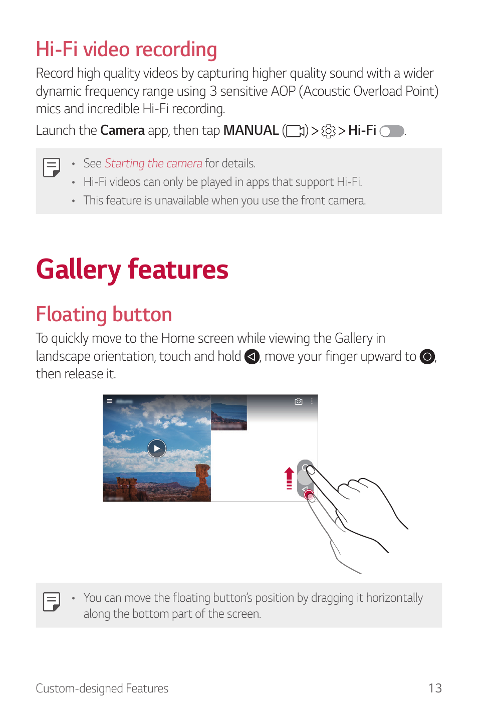 Gallery features, Hi-fi video recording, Floating button | LG G6 H872 User Manual | Page 14 / 183