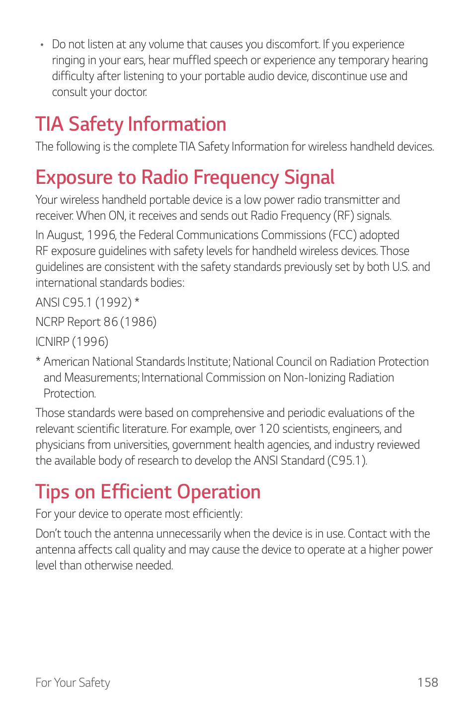 Tia safety information, Exposure to radio frequency signal, Tips on efficient operation | LG G6 H872 User Manual | Page 159 / 183