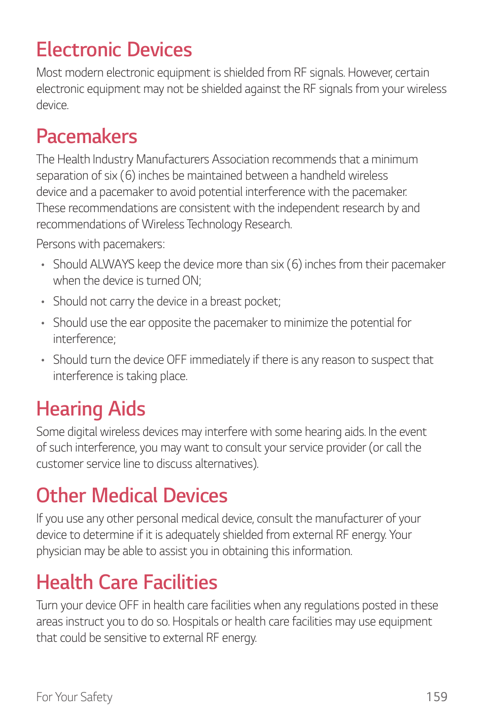 Electronic devices, Pacemakers, Hearing aids | Other medical devices, Health care facilities | LG G6 H872 User Manual | Page 160 / 183