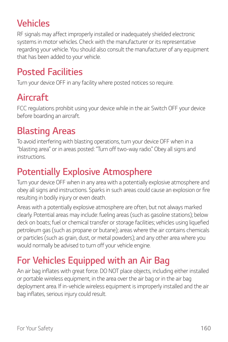 Vehicles, Posted facilities, Aircraft | Blasting areas, Potentially explosive atmosphere, For vehicles equipped with an air bag | LG G6 H872 User Manual | Page 161 / 183
