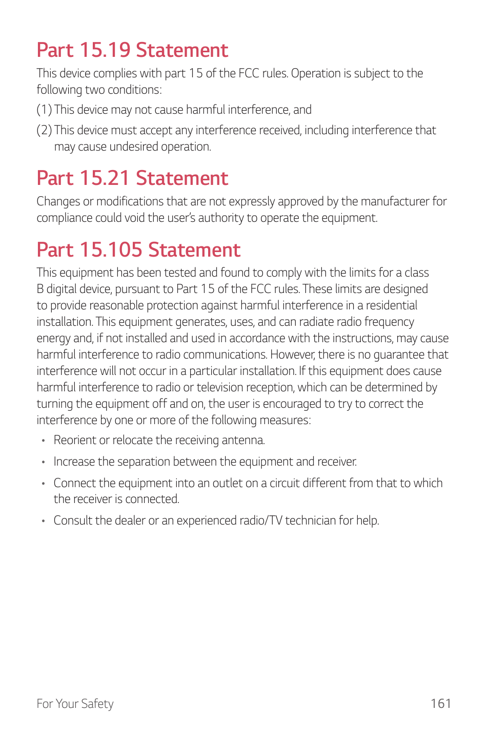 Part 15.19 statement, Part 15.21 statement | LG G6 H872 User Manual | Page 162 / 183