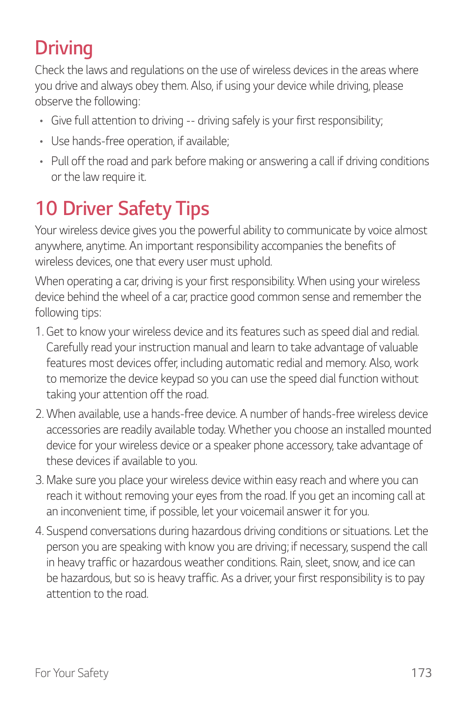 Driving, 10 driver safety tips | LG G6 H872 User Manual | Page 174 / 183