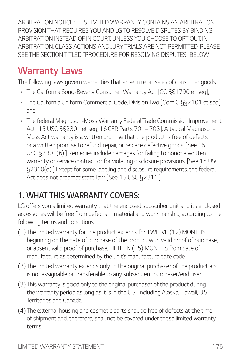 Warranty laws, What this warranty covers | LG G6 H872 User Manual | Page 177 / 183