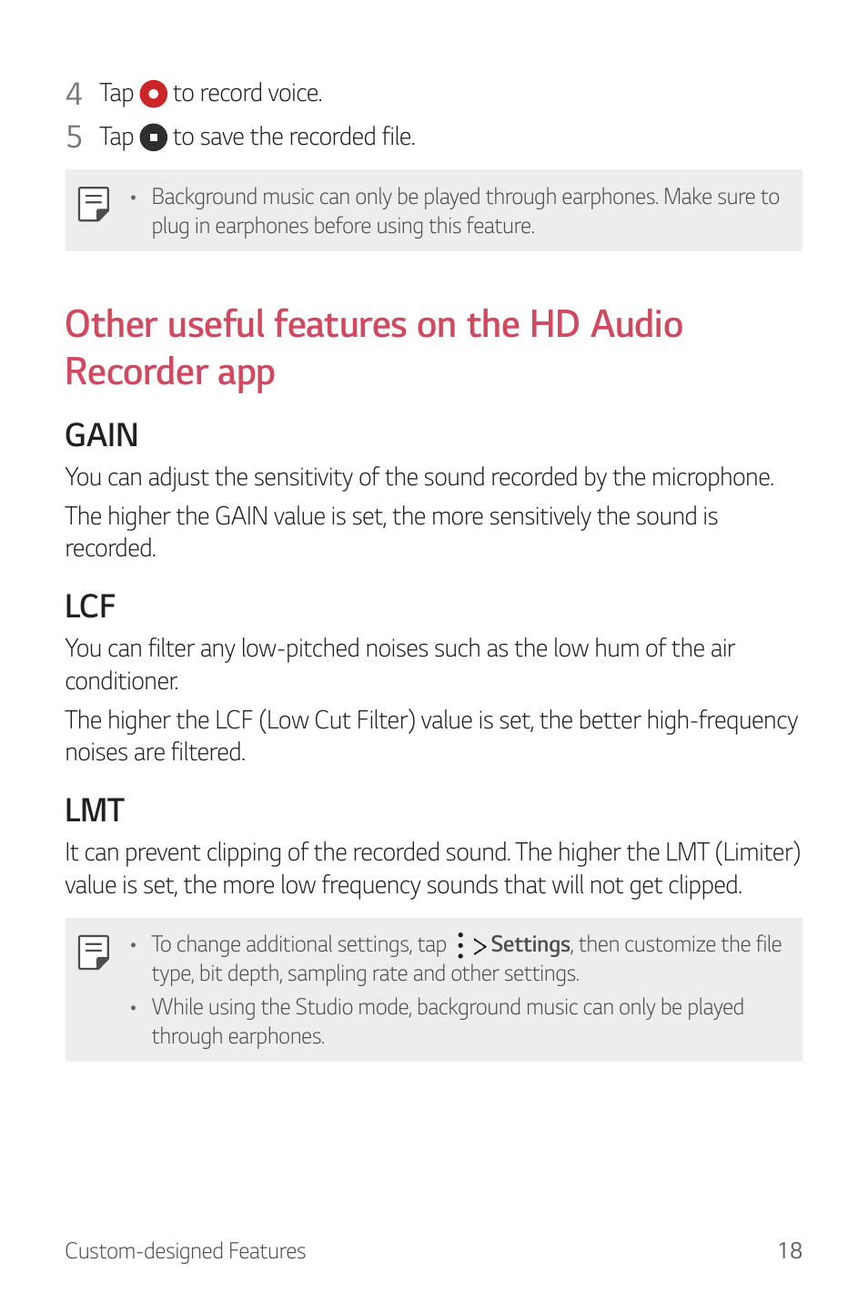 Other useful features on the hd audio recorder app, Gain | LG G6 H872 User Manual | Page 19 / 183