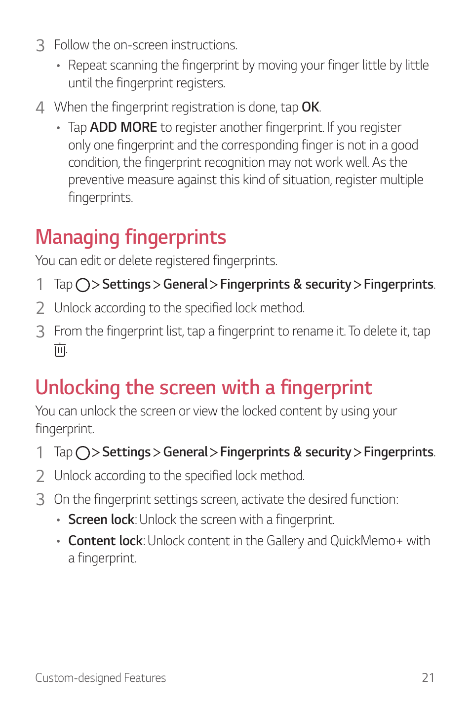 Managing fingerprints, Unlocking the screen with a fingerprint | LG G6 H872 User Manual | Page 22 / 183