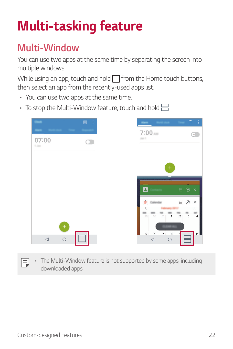 Multi-tasking feature, Multi-window | LG G6 H872 User Manual | Page 23 / 183