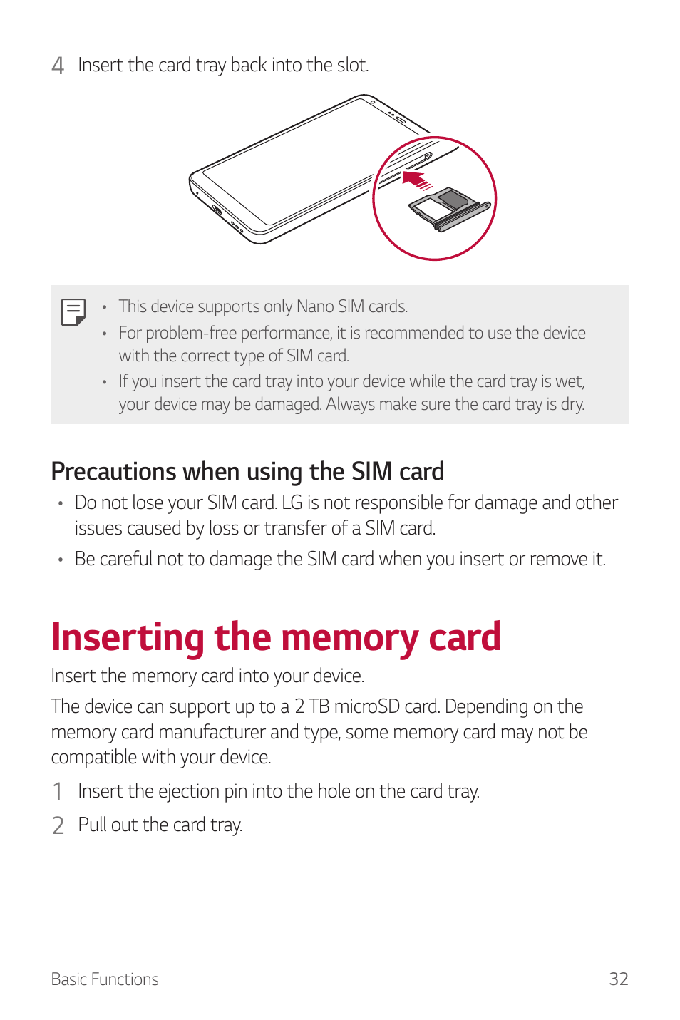 Inserting the memory card, Precautions when using the sim card | LG G6 H872 User Manual | Page 33 / 183