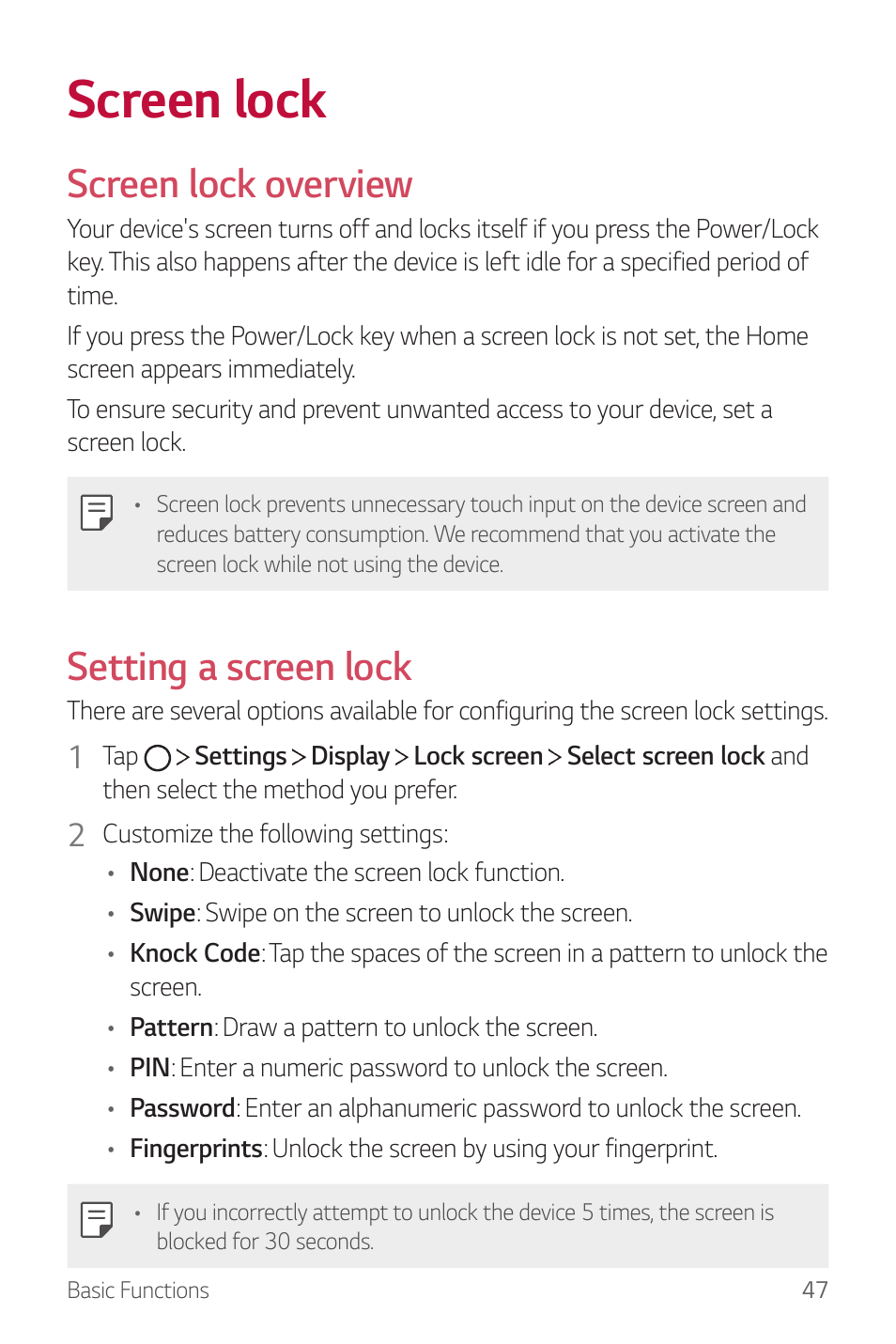 Screen lock, Screen lock overview, Setting a screen lock | LG G6 H872 User Manual | Page 48 / 183