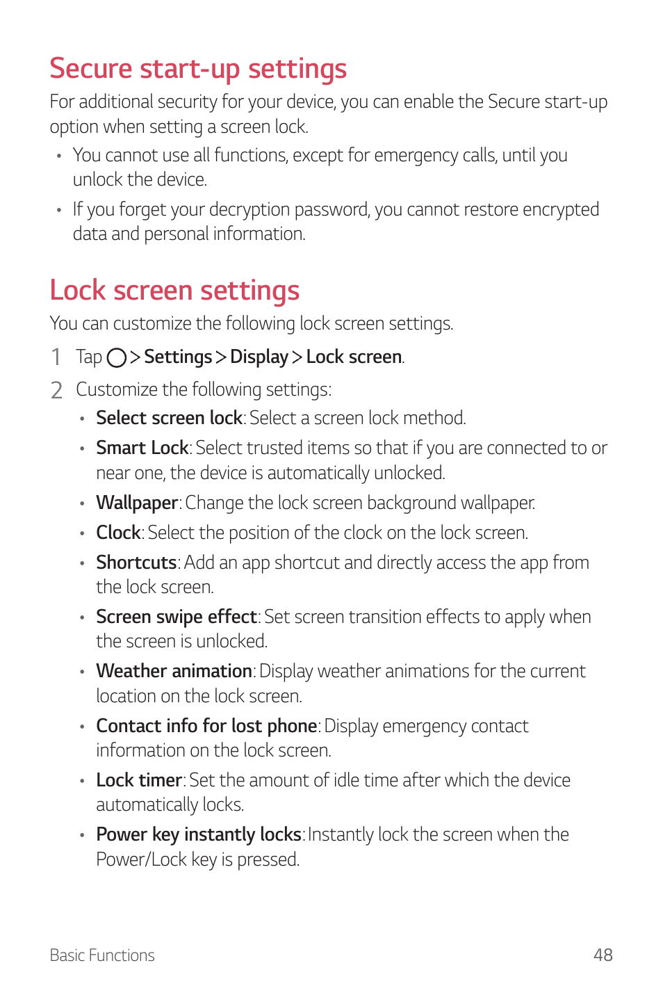 Secure start-up settings, Lock screen settings | LG G6 H872 User Manual | Page 49 / 183