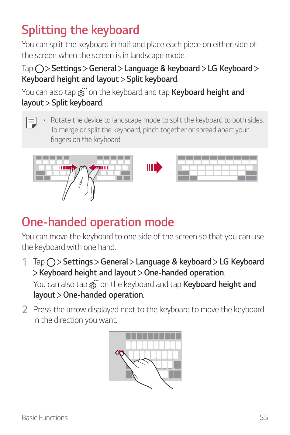 Splitting the keyboard, One-handed operation mode | LG G6 H872 User Manual | Page 56 / 183