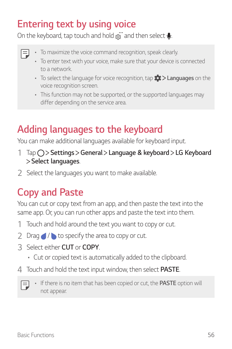 Entering text by using voice, Adding languages to the keyboard, Copy and paste | LG G6 H872 User Manual | Page 57 / 183
