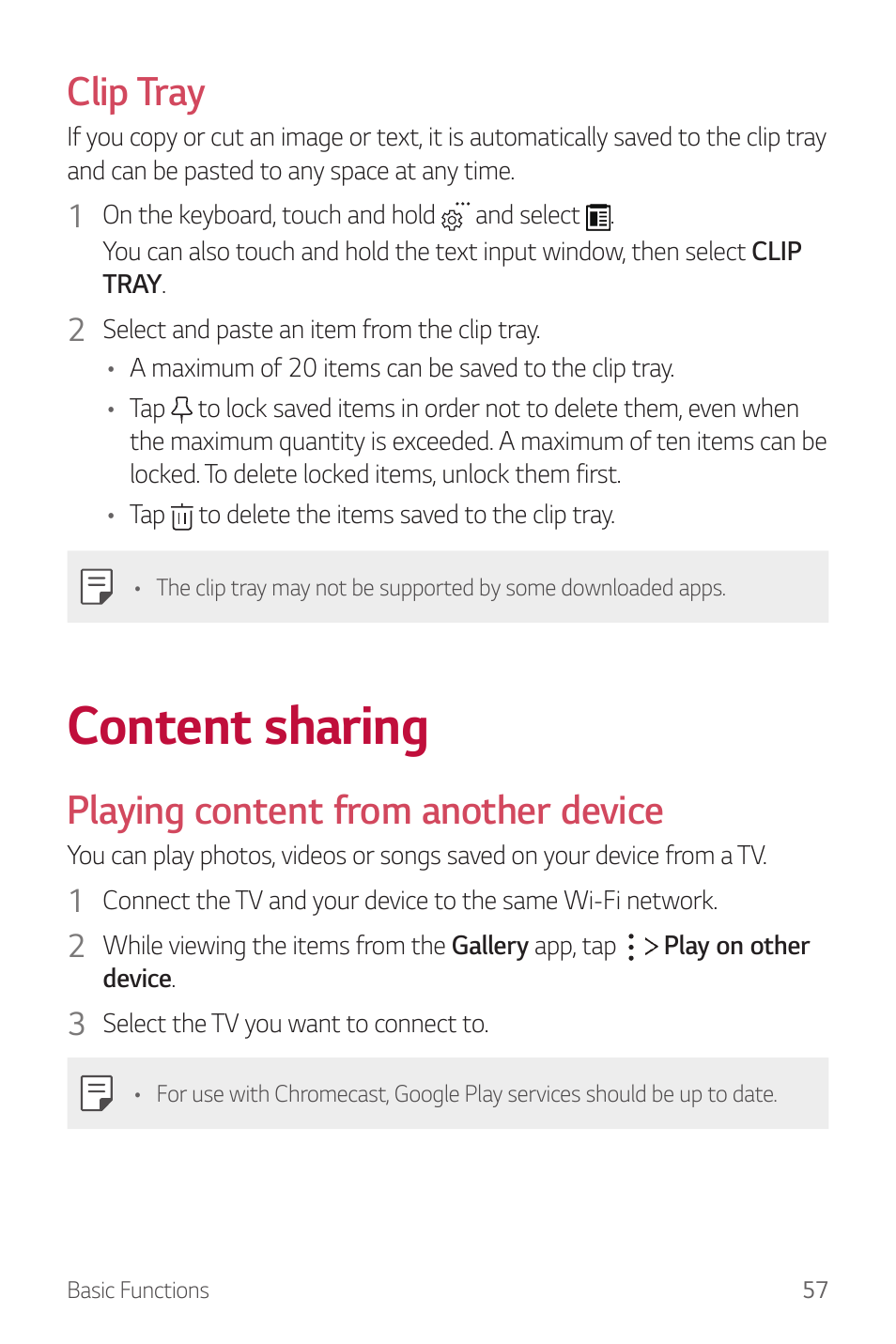 Content sharing, Clip tray, Playing content from another device | LG G6 H872 User Manual | Page 58 / 183