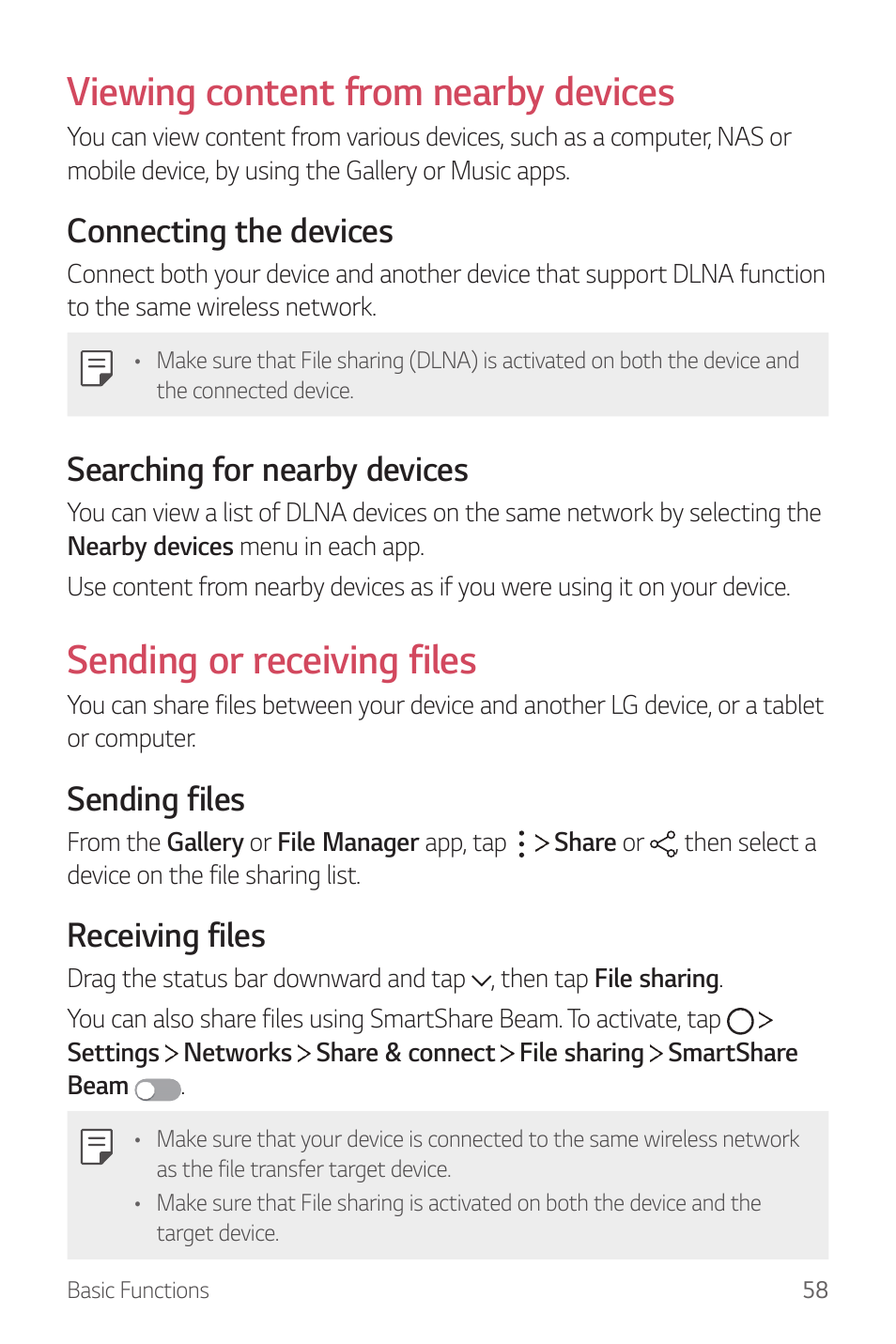 Viewing content from nearby devices, Sending or receiving files, Connecting the devices | Searching for nearby devices, Sending files, Receiving files | LG G6 H872 User Manual | Page 59 / 183