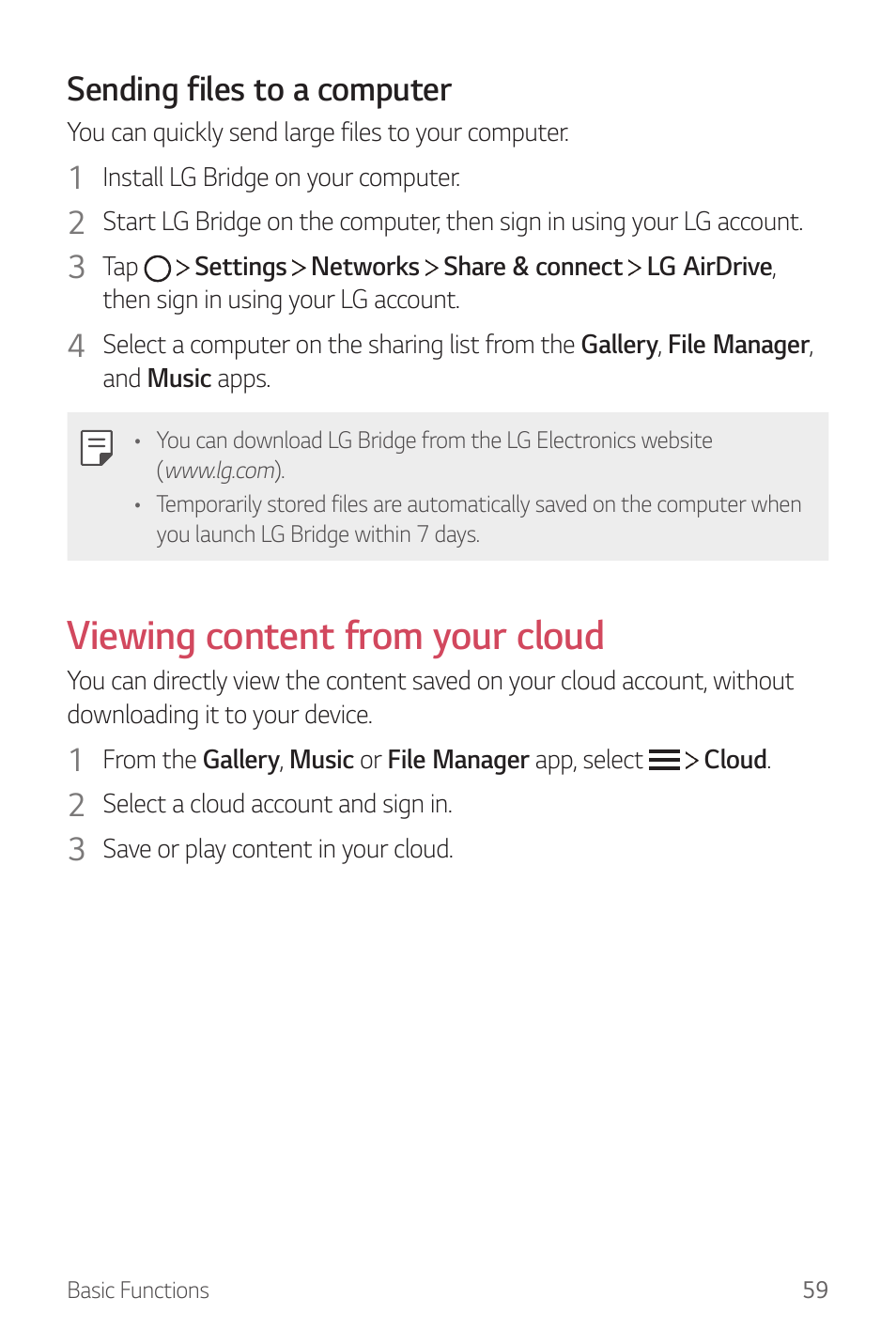 Viewing content from your cloud, Sending files to a computer | LG G6 H872 User Manual | Page 60 / 183