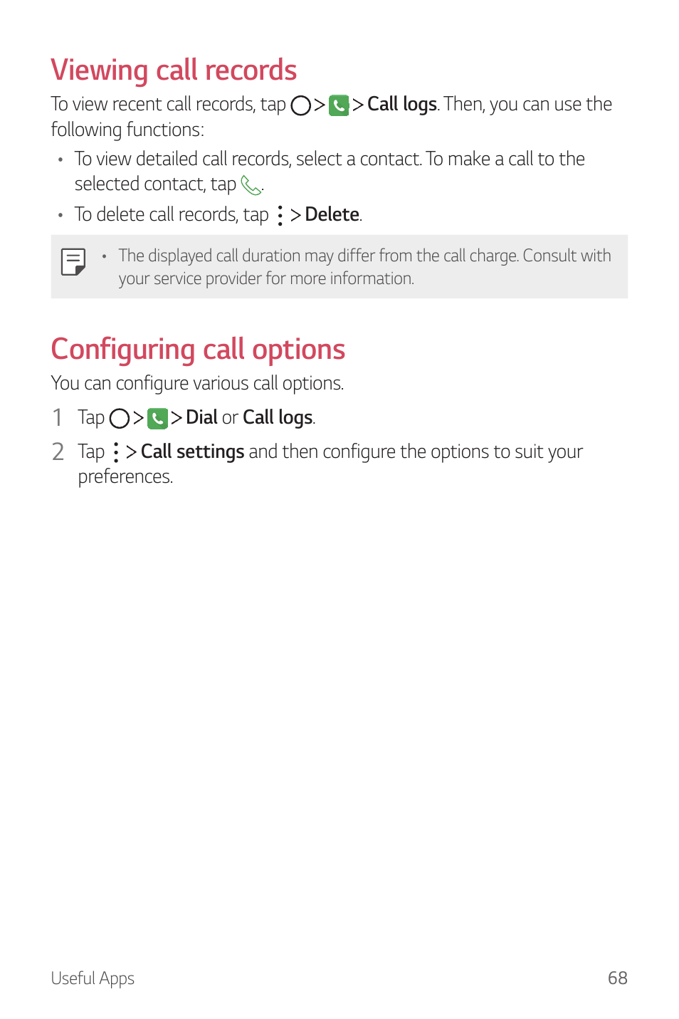 Viewing call records, Configuring call options | LG G6 H872 User Manual | Page 69 / 183