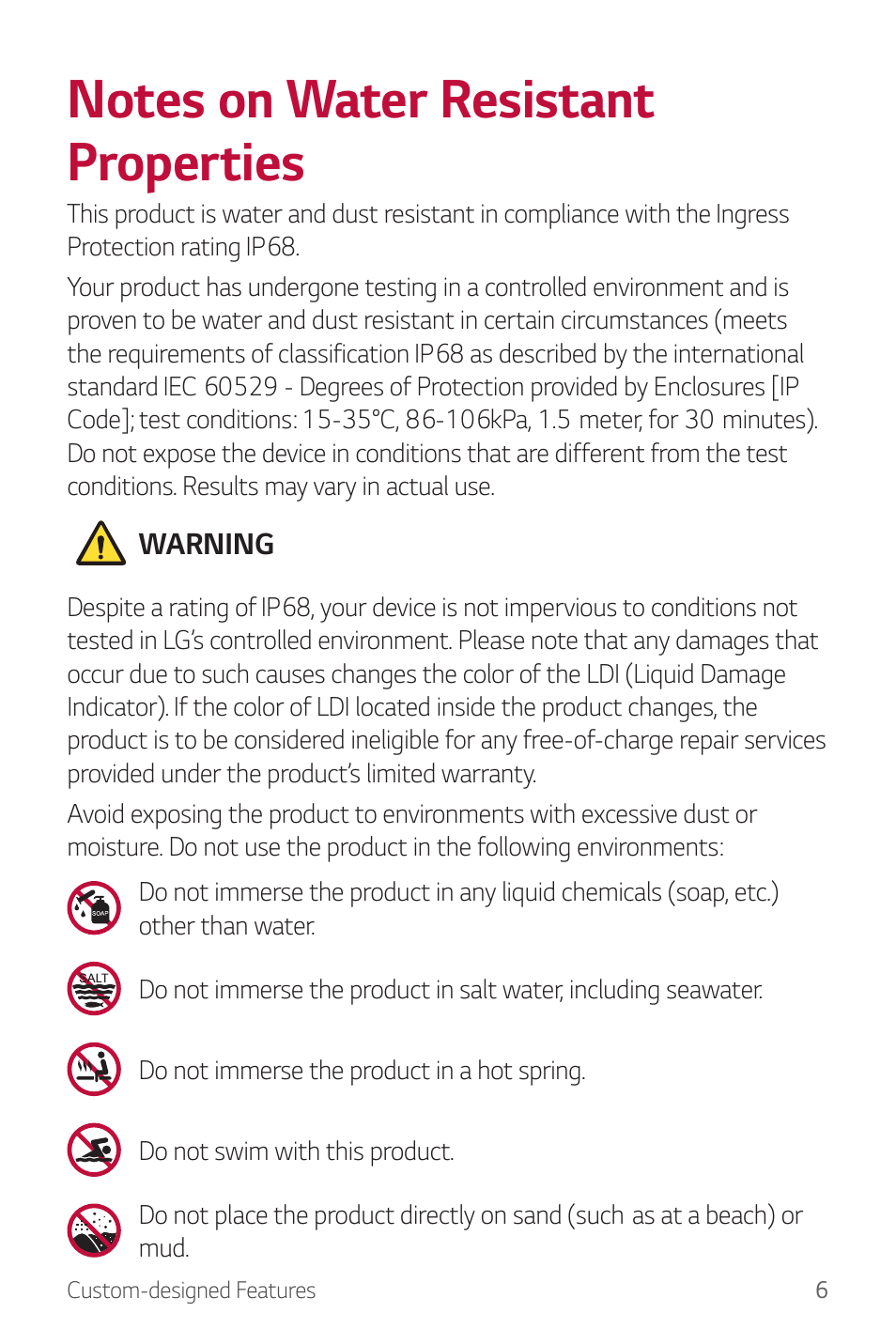 Notes on water resistant properties | LG G6 H872 User Manual | Page 7 / 183
