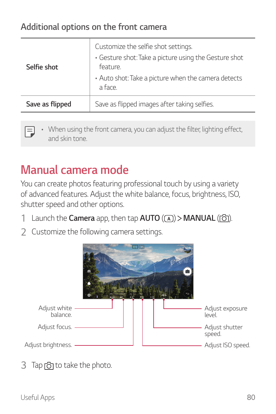 Manual camera mode, Additional options on the front camera | LG G6 H872 User Manual | Page 81 / 183