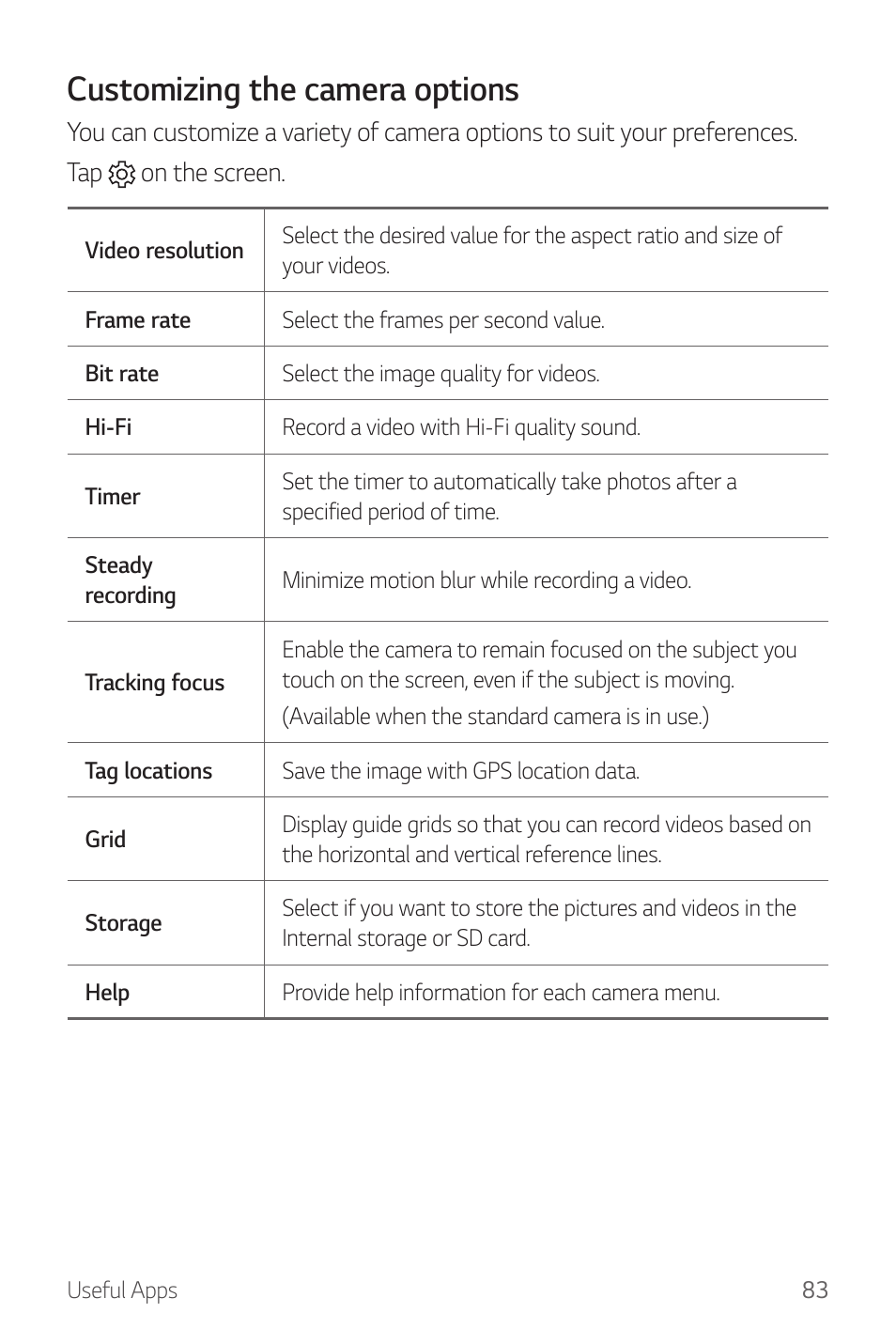 Customizing the camera options | LG G6 H872 User Manual | Page 84 / 183