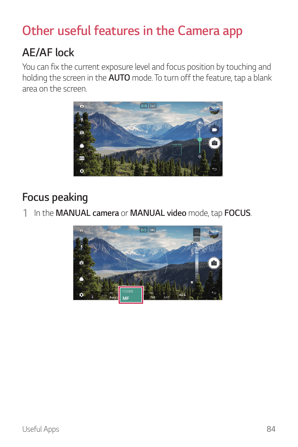 Other useful features in the camera app, Ae/af lock, Focus peaking | LG G6 H872 User Manual | Page 85 / 183
