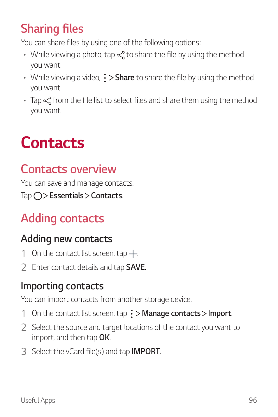 Contacts, Sharing files, Contacts overview | Adding contacts, Adding new contacts, Importing contacts | LG G6 H872 User Manual | Page 97 / 183