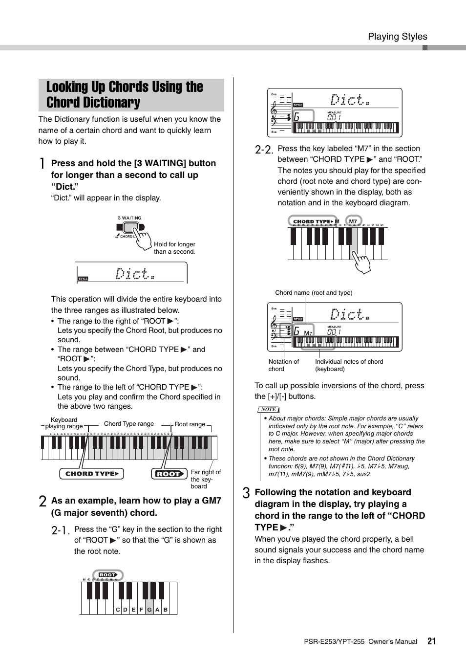 Looking up chords using the chord dictionary, Looking up chords using the chord dictionary. 21, Dict | Yamaha PSR-E253 User Manual | Page 21 / 48