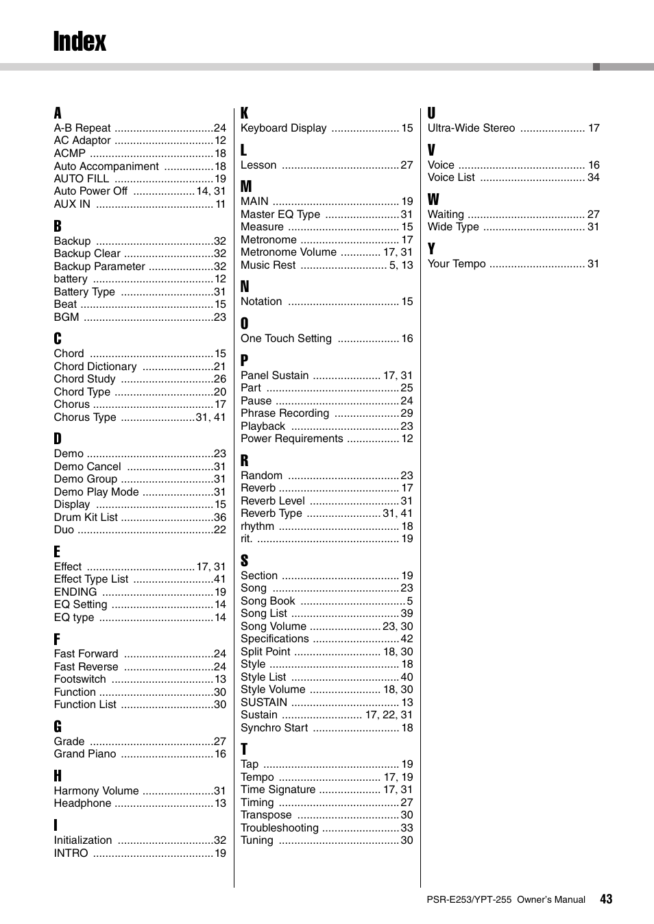 Index | Yamaha PSR-E253 User Manual | Page 43 / 48