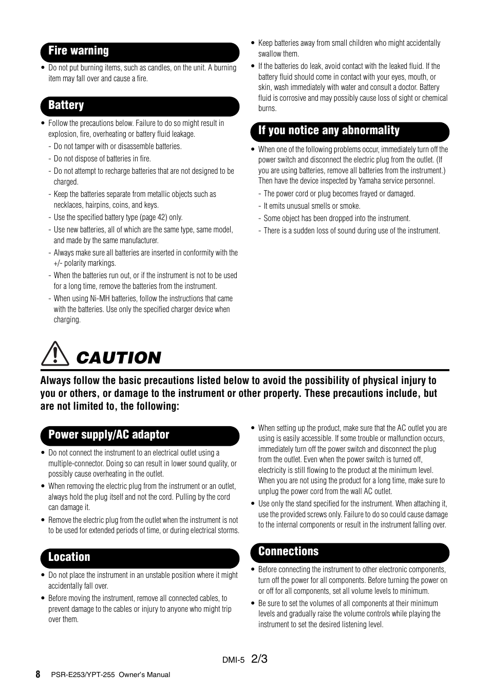 Caution | Yamaha PSR-E253 User Manual | Page 8 / 48