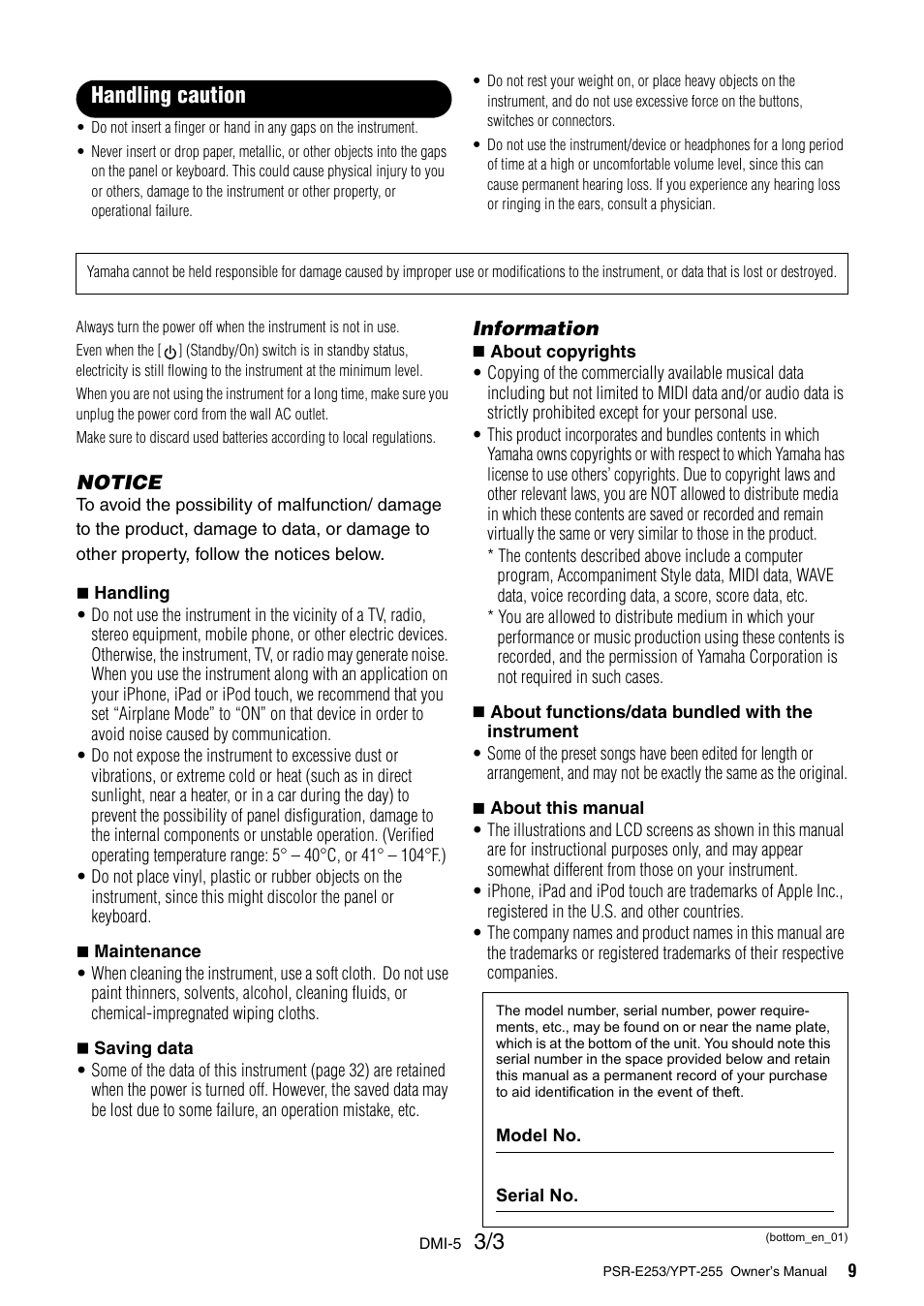 Handling caution | Yamaha PSR-E253 User Manual | Page 9 / 48