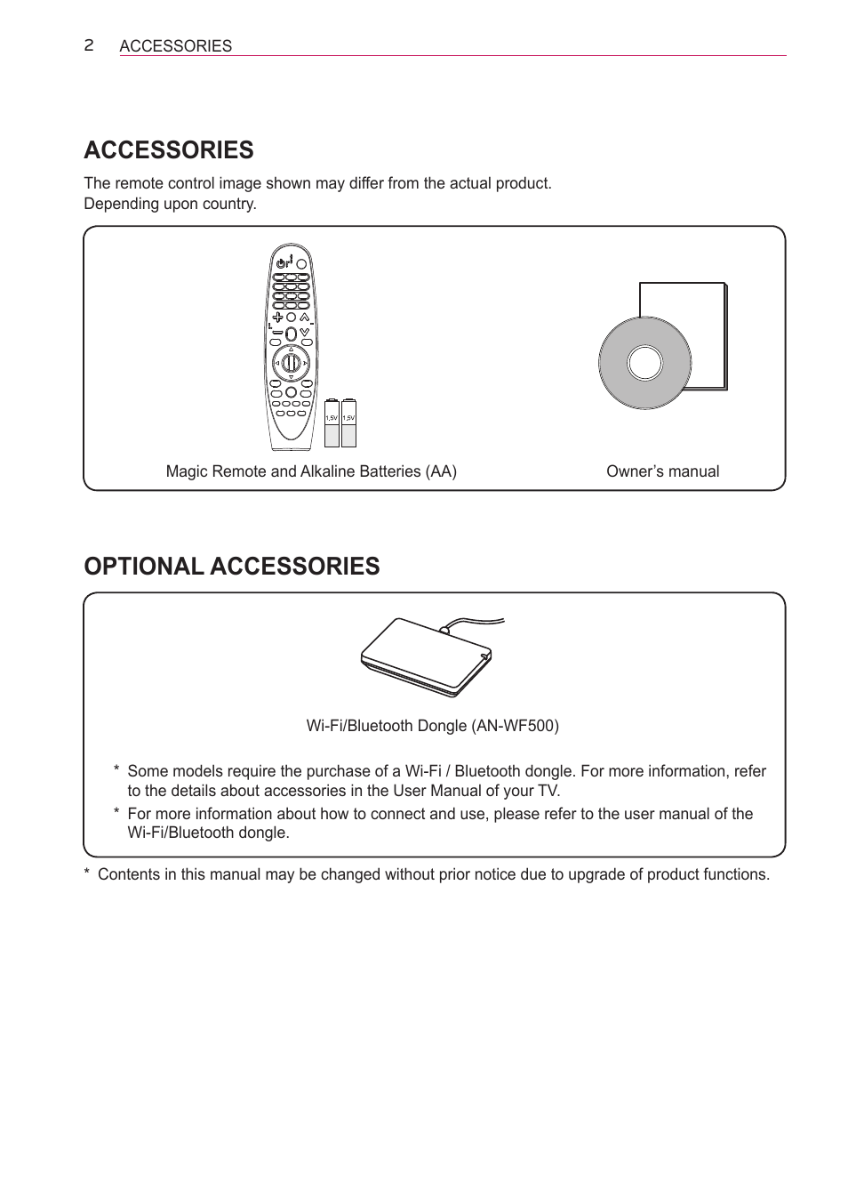 Accessories, Optional accessories, Remote description 4 using 7 | Precautions to take 9 specifications 10 | LG AN-MR600 User Manual | Page 2 / 11
