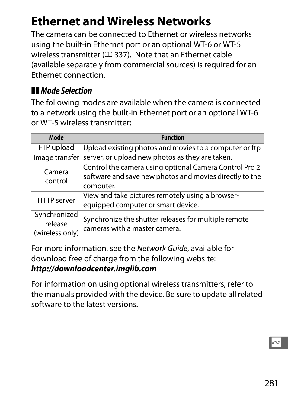 Ethernet and wireless networks, Mode selection | Nikon D5 User Manual | Page 303 / 424