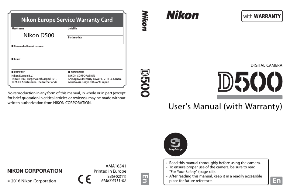 Nikon D500 User Manual | 432 pages