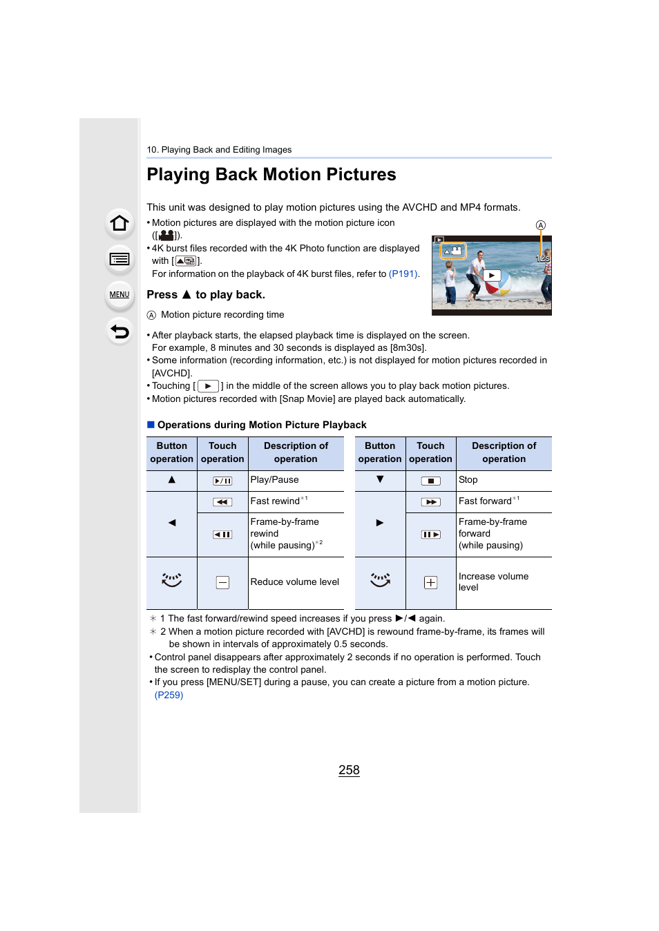 Playing back motion pictures, P258, Press 3 to play back | Panasonic Lumix DMC-G7 body User Manual | Page 258 / 411