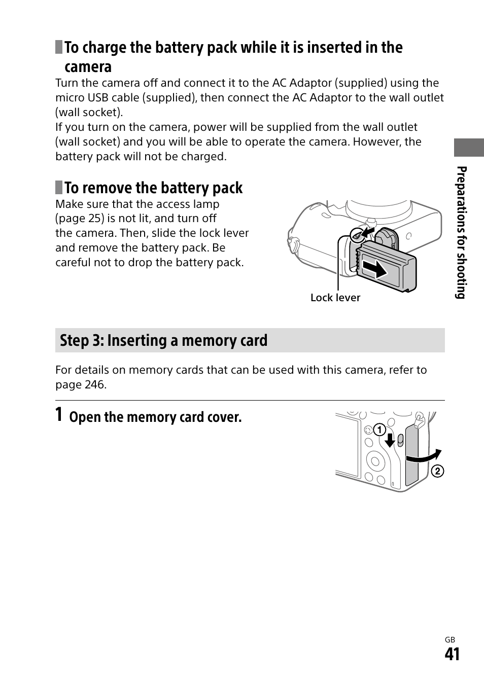 Step 3: inserting a memory card | Sony Alpha 9 User Manual | Page 41 / 263