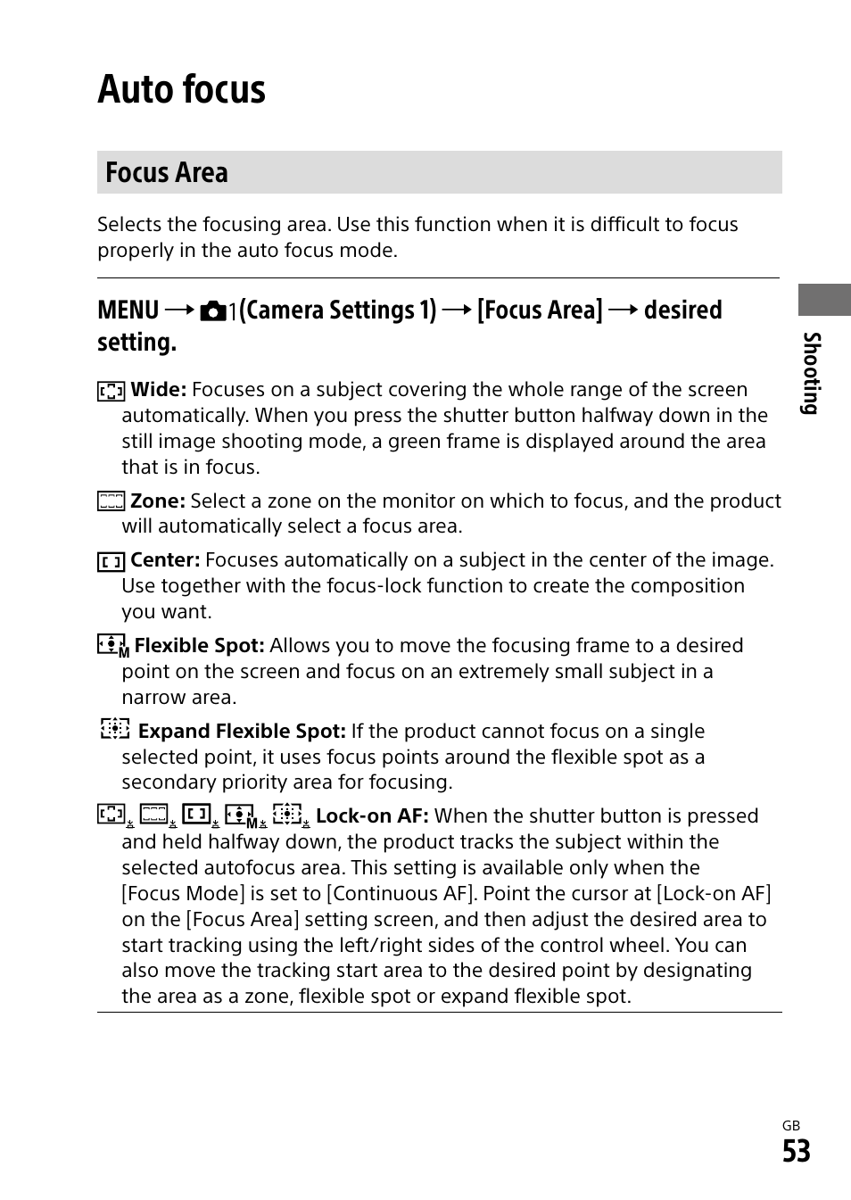 Auto focus, Focus area | Sony Alpha 9 User Manual | Page 53 / 263
