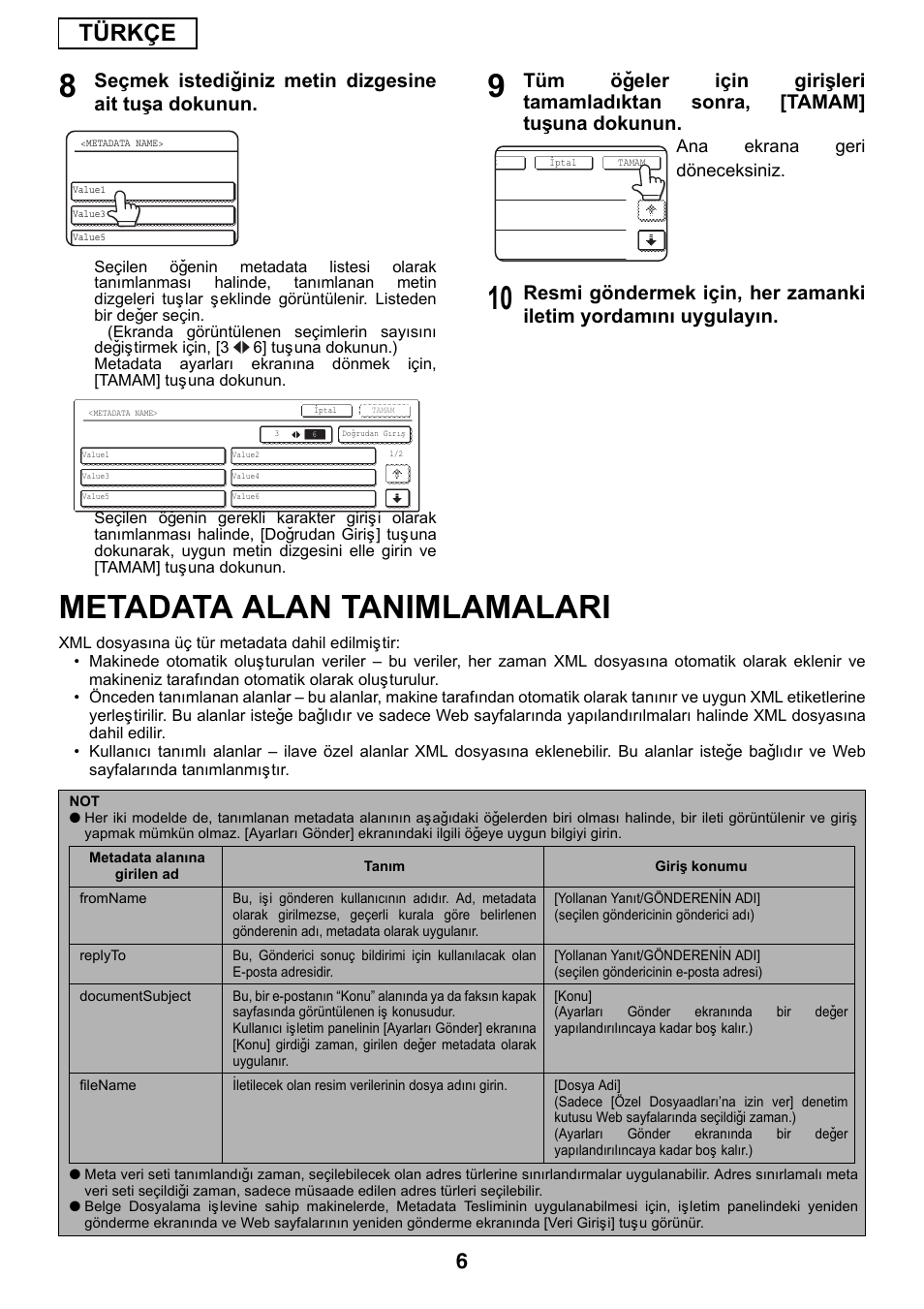 Metadata alan tanimlamalari, Türkçe | Sharp MX-M1055 User Manual | Page 104 / 112