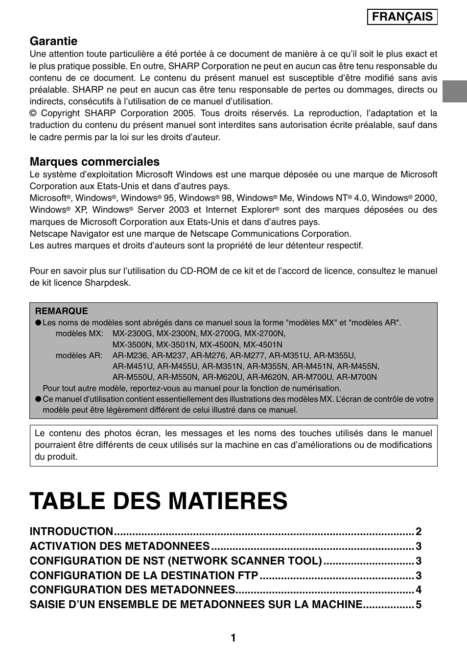 Table des matieres, Français garantie, Marques commerciales | Sharp MX-M1055 User Manual | Page 15 / 112