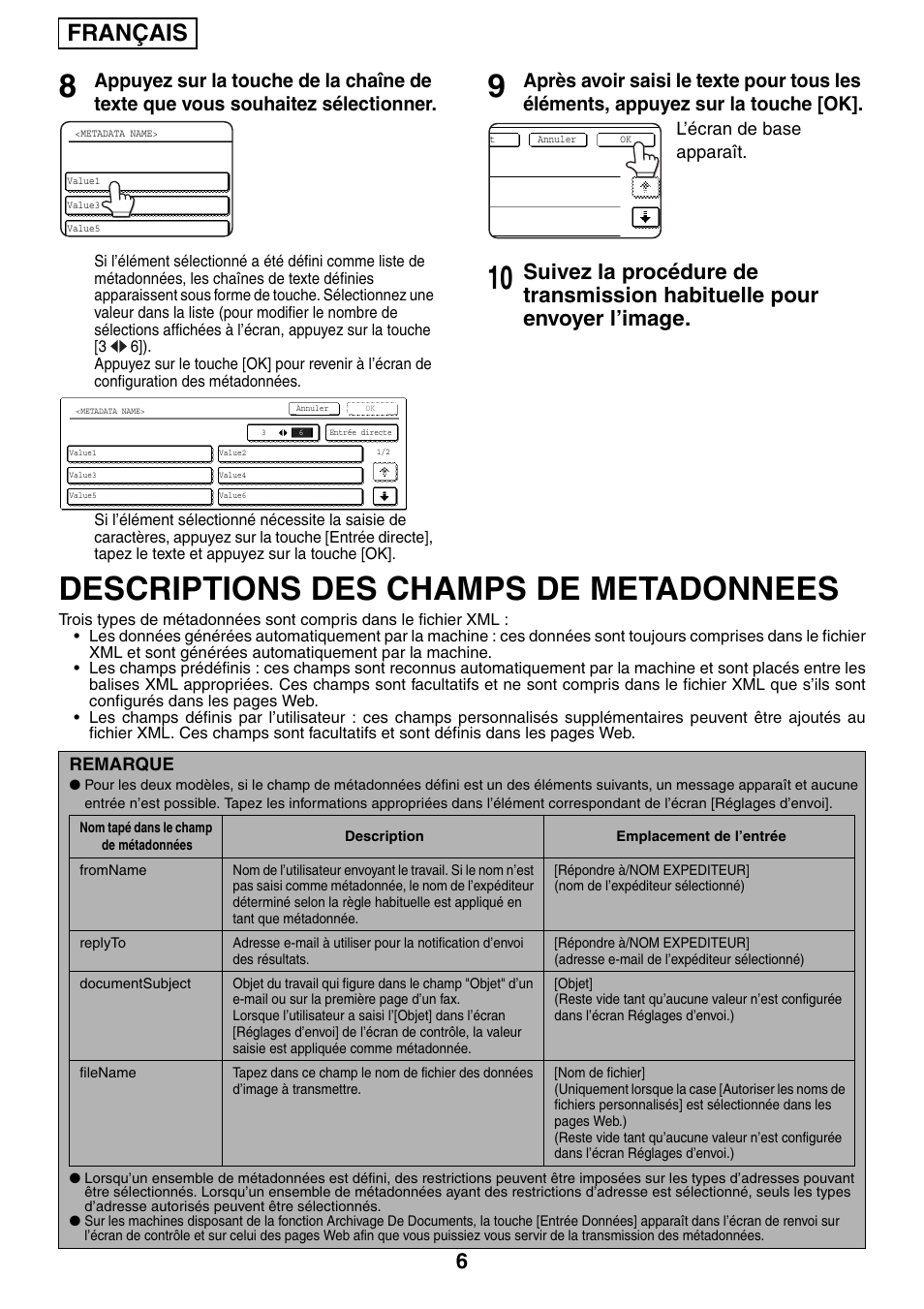 Descriptions des champs de metadonnees, Français | Sharp MX-M1055 User Manual | Page 20 / 112
